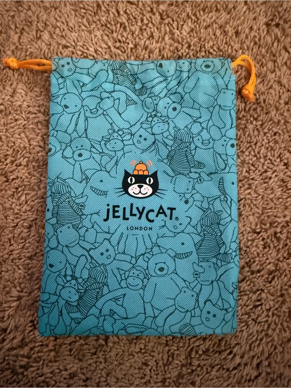 Jellycat Teal Toy-Print Drawstring Pouch with Orange Cord
